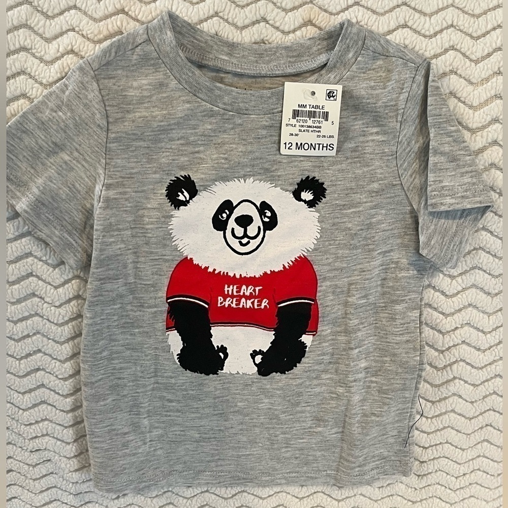 First Impressions 12 months shirt, panda, heart breaker, new!